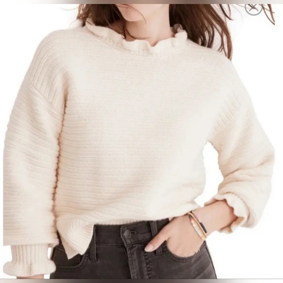 Madewell cream ruffle victorian sweater sleeve Marino wool blend stretch large - Picture 1 of 15